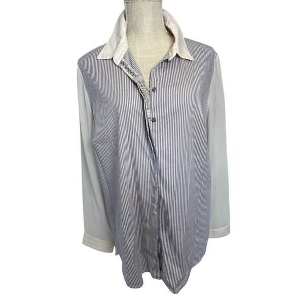 Chicos Black Label Womens Long Sleeve Striped Button-Up Shirt With White Collar - Picture 1 of 12